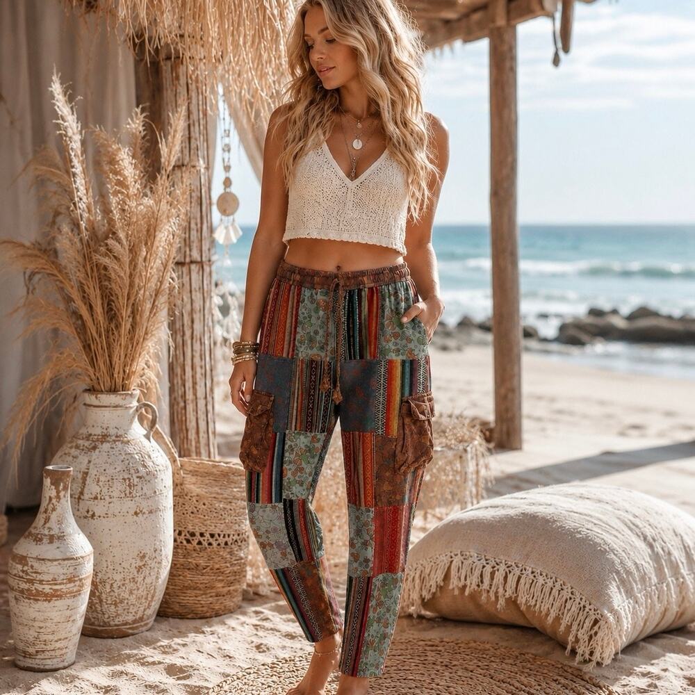 Kathmandu Mushroom Floral Patchwork Cargo Pants Womens Size Small M Boho Hippie
